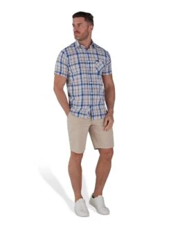 Short Sleeve Micro Plaid Linen Cotton Shirt -Joe Browns Store m5056292772830 khaki xl 1