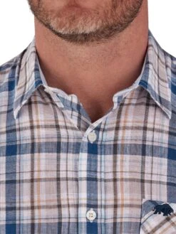 Short Sleeve Micro Plaid Linen Cotton Shirt -Joe Browns Store m5056292772830 khaki xl 3