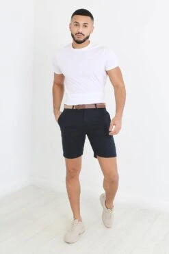 BRAVE SOUL 'Dolan' Slim Fit Linen Blend Chino Shorts With Belt -Joe Browns Store m5059534531639 navy xl 2