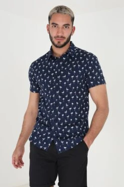 BRAVE SOUL 'Braun' Short Sleeve Flamingo Print Cotton Shirt