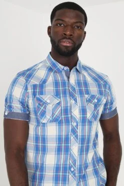 BRAVE SOUL 'Goethe' Cotton Short Sleeve Check Shirt -Joe Browns Store m5059534643585 blue xl 2