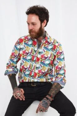 Joe Browns Tropical Leaf Skull Print Button Down Long Sleeve Shirt -Joe Browns Store m5059953102687 white xl 2