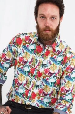 Joe Browns Tropical Leaf Skull Print Button Down Long Sleeve Shirt -Joe Browns Store m5059953102687 white xl 5