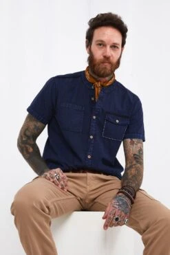 Joe Browns Washed Blue Chest Pocket Grandad Collar Short Sleeve Shirt