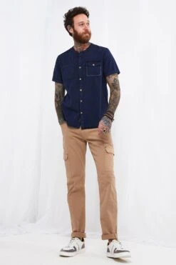 Joe Browns Washed Blue Chest Pocket Grandad Collar Short Sleeve Shirt -Joe Browns Store m5059953102823 navy xl 2