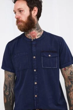 Joe Browns Washed Blue Chest Pocket Grandad Collar Short Sleeve Shirt -Joe Browns Store m5059953102823 navy xl 4