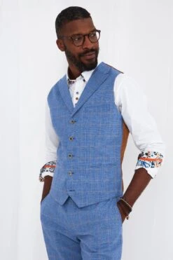 Joe Browns Classic Light Blue Check Contrast Lining Lapel Smart Suit Waistcoat