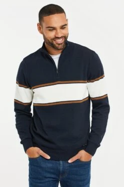 Threadbare 'Evergreen' Cotton Colourblock Zip Neck Jumper