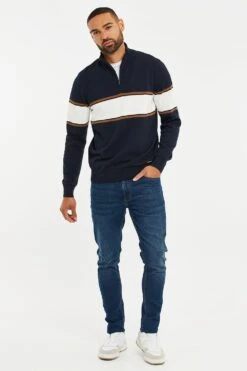 Threadbare 'Evergreen' Cotton Colourblock Zip Neck Jumper -Joe Browns Store m7625914187659 navy xl 2
