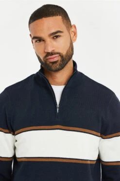 Threadbare 'Evergreen' Cotton Colourblock Zip Neck Jumper -Joe Browns Store m7625914187659 navy xl 3