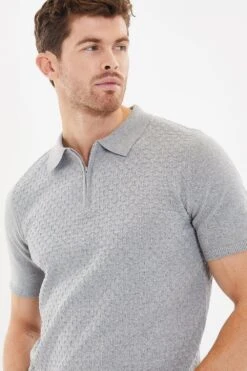 Threadbare 'Hartington' Cotton Rich 1/4 Zip Textured Knitted Polo -Joe Browns Store m7625914234186 grey xl 3