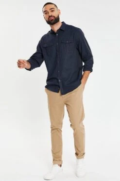 Threadbare 'Collins' Linen Blend Long Sleeve Shirt With Chest Pockets -Joe Browns Store m7625914240309 navy xl 2