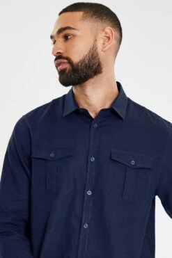 Threadbare 'Collins' Linen Blend Long Sleeve Shirt With Chest Pockets -Joe Browns Store m7625914240309 navy xl 3