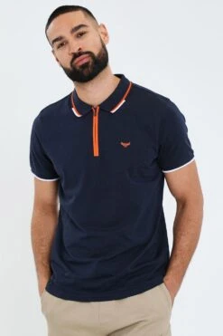 Threadbare 'Cruz' Cotton Jersey Contrast Detail Zip Collar Polo Shirt