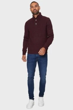 Threadbare 'Maxwell' Button Up Funnel Neck Jumper -Joe Browns Store m7625914992741 burgundy xl 2